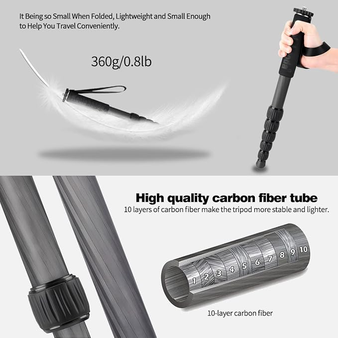 Koolehaoda MP286C Carbon Fiber Camera Monopod, 6-Section Portable | - Image 2