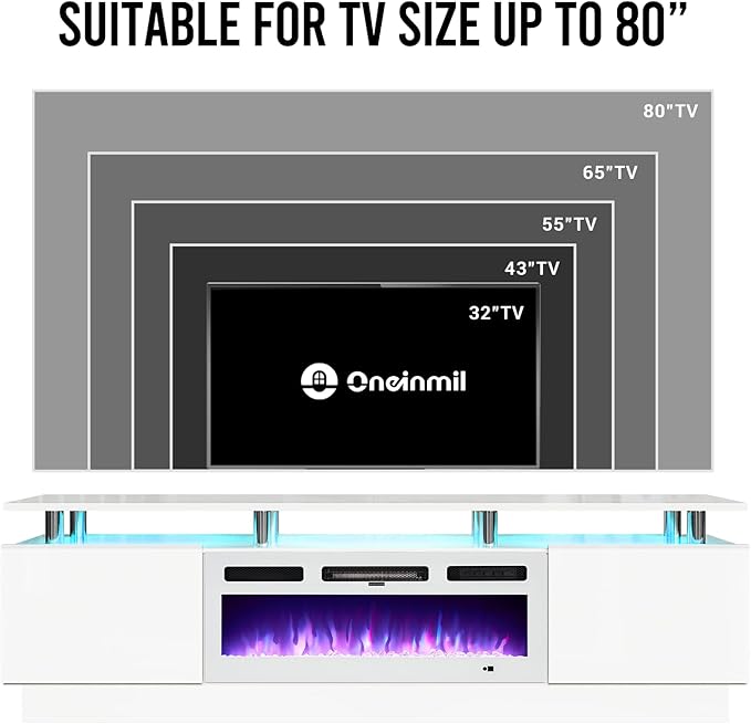 oneinmil Fireplace TV Stand with 36” Electric Fireplace, 70” 2 Tier TV Console Stand for TVs Up to 80", LED Light Entertainment Center, Fireplace for The Living Room TV Stand, White