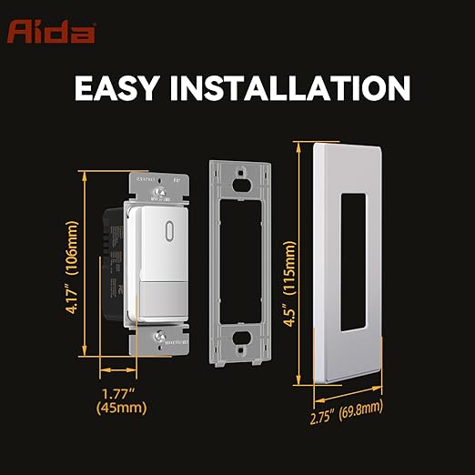 AIDA Single Pole Motion Sensor Light Switch w/Neutral Wire - 120° PIR Infrared Activation - CFL/LED/MLV/INC/HAL/Fan Compatible - UL Certified - 4 Pack,Matte White