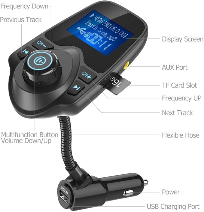 Nulaxy Bluetooth Car FM Transmitter Audio Adapter Receiver Wireless Handsfree Voltmeter Car Kit TF Card AUX 1.44 Display - KM18 Black Matte
