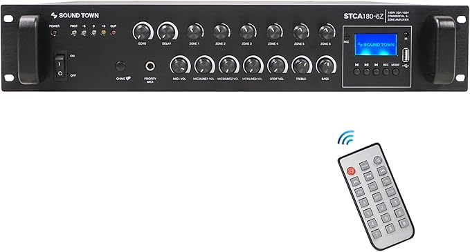 Sound Town Commercial Restaurant Bluetooth Amplifier + Surface-Mount Speaker Set, with One 6-Zone 70V/100V Amplifier with Bluetooth, 4 x 6.5-Inch Surface-Mount Speakers, White (STCA180X4MS6W)