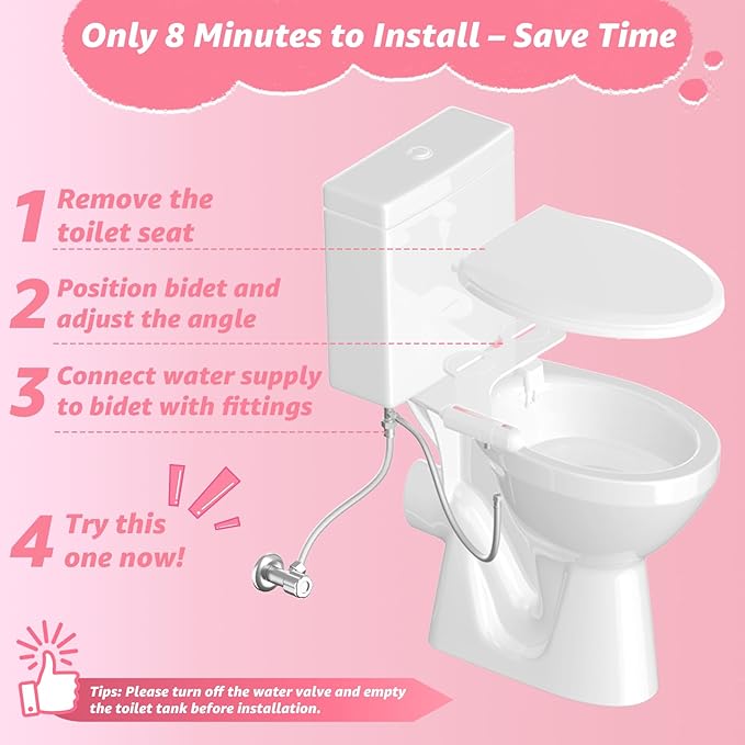 Ultra-Slim Bidet Attachment for Toilet, Non-Electric Dual Nozzle (Rear & Feminine Wash), Adjustable Fresh Cold Water Pressure, Stainless Steel Inlet, Easy to Install(Pink & White)