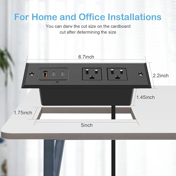CCCEI Recessed Power Strip with 45W USB-C Ports, Fast Charging USB A Port Desk Outlet, Black Furniture Hidden Charging Station for Side Table, End Table, with 6 FT 45 Degree Flat Plug Extension Cord.