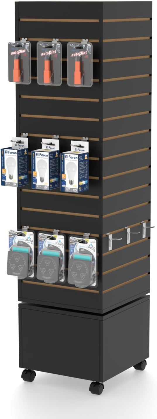 16" W * 16" D * 62" H - Black Slatwall Tower, Four Panel Slatwall Retail Fixture, Rotating Retail Display Rack
