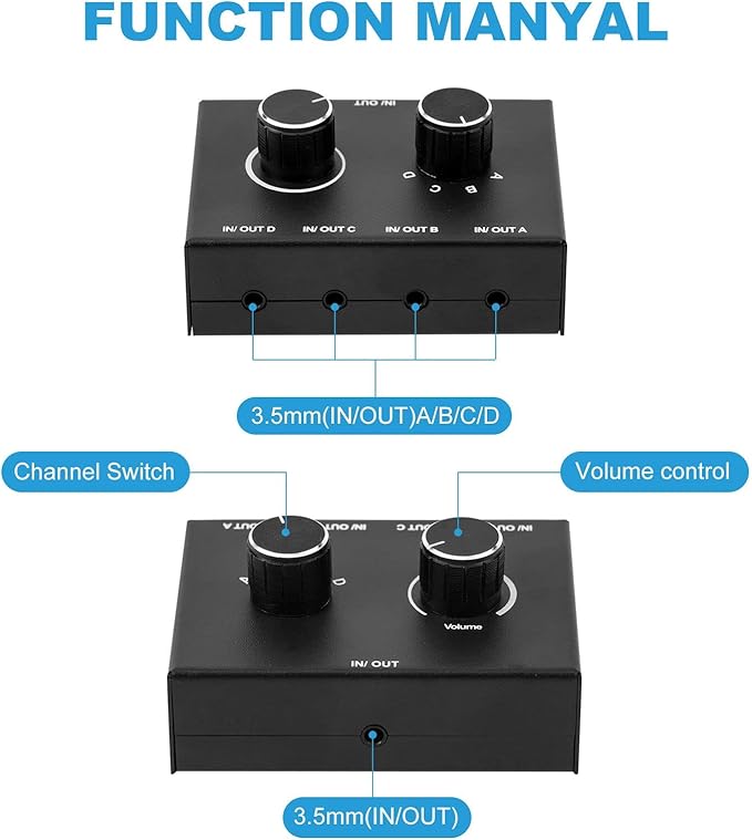 AV Access 4 Port Audio Switcher - 3.5mm Stereo AUX Audio Selector & Splitter