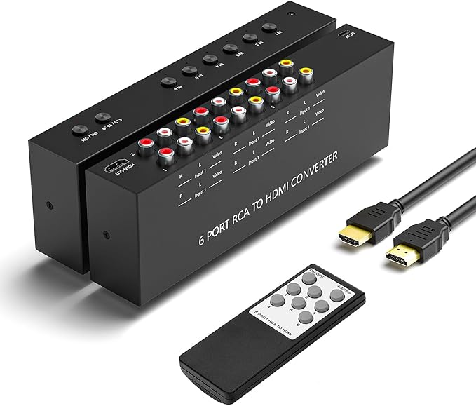 Arector 6 Port RCA to HDMI, 1080P/720P 6 Way AV to HDMI Converter Composite CVBS AV Switch to HDMI Converter Adapter Support 4:3/16:9 Switching, for Sega Xbox PS2 PS3 N64 NGC SNES WII VHS VCR Camera