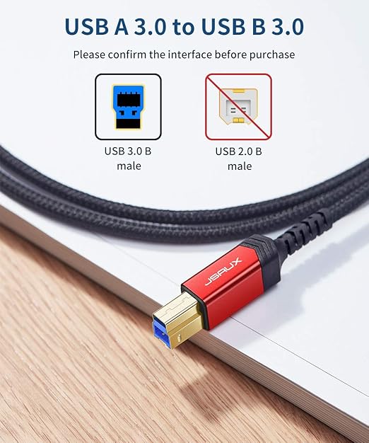 JSAUX USB 3.0 Printer Cable, Type A Male to B 3.0 Male (10ft/3M) USB 3.0 Type B Upstream Cord Nylon Braided Compatible with Docking Station, External Hard Drivers, Scanner, Printer and More(Black)