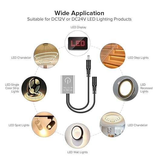 FCOB Mini Touch Dimmer Switch Brightness Adjustment Monochrome On/Off Touch Dimming Switch Controller for LED Cabinet Light COB LED Strip Bar 12/24VDC Max3A Silver (No Power or LED Strip)
