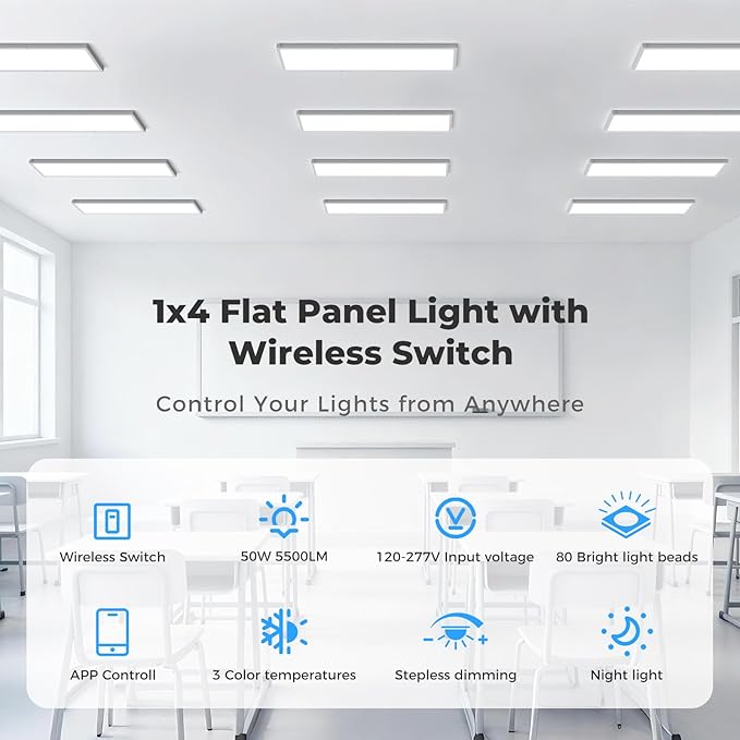 AIKVSXER 1 Pack 1x4 FT LED Flat Panel Light Surface Mount, with Wireless Switch & App Control, Night Mode, 50W 5500LM, 3000K/4000K/6500K, Ultra-Thin LED Light for Office Home,120-277V - White