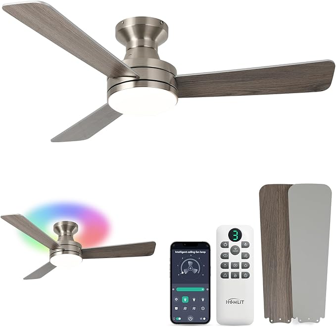 Homlit 42 inch RGB Ceiling Fan with Light, Smart App & Remote Control Low Profile Flush Mount, Music Sync Lighting, 6-Speed Quiet Reversible DC Motor, 4CCT Dimmable for Home Office Party