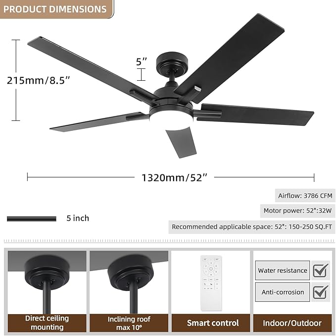 SODSEA Ceiling Fans with Lights, 52 Inch Black Ceiling Fan with Light and Remote Control, Reversible, 3CCT, Dimmable, Noiseless, Small Ceiling Fan for Bedroom, Indoor/Outdoor Use