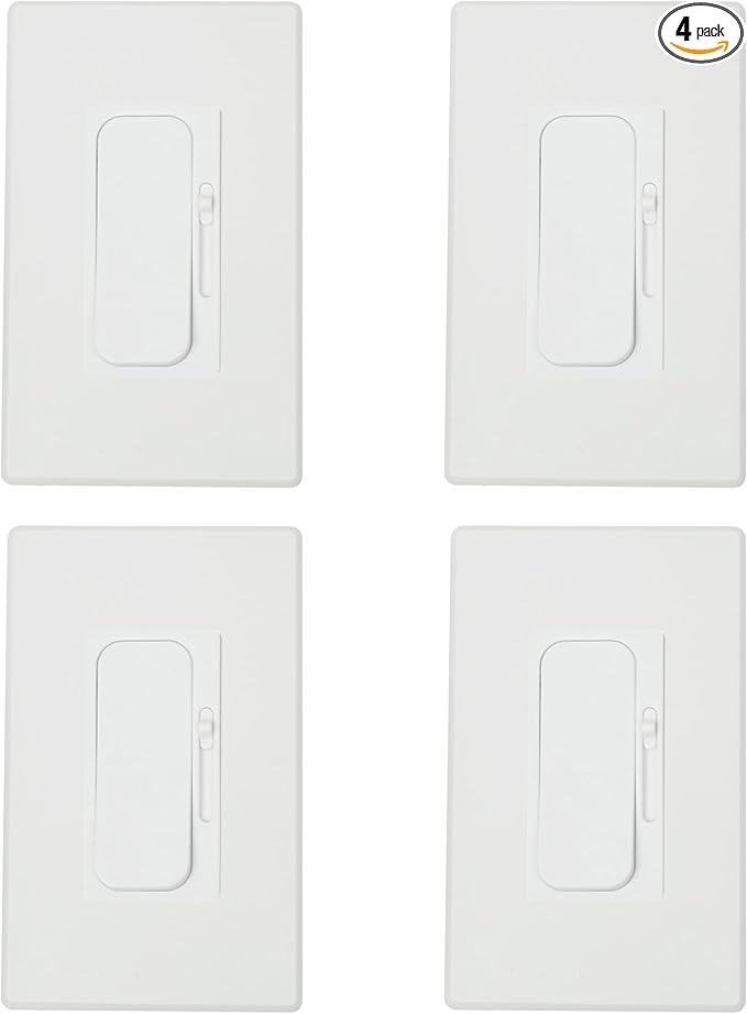 Sunlite LED Wall Rocker Style, Slide Bar Triac Dimmer Switch, Screwless Wall Plates Included, Single Pole or 3-Way Switching, 120 Volts, 200W Max for LED, 600W Max for Incandescent, White, 4 Pack