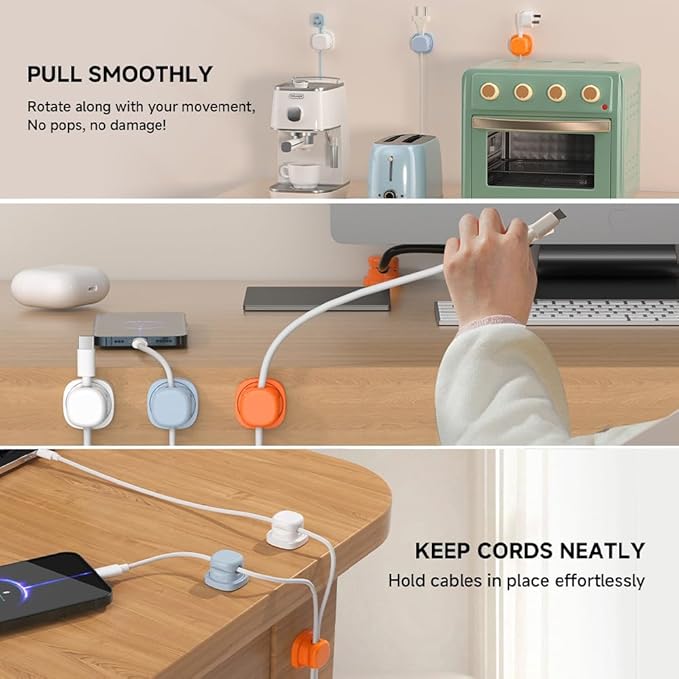 Magnetic Cord Organizer Holder, Upgrade Cord Holder for Nightstand, Adhesive Wire Cable Clips Management Kit for Phone Charger, Computer, Home, Office, Desk, Nightstand (Black, 3 Packs)