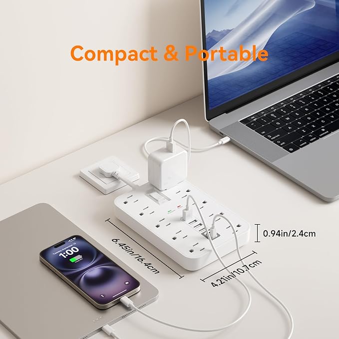 Short Extension Cord with USB and USBC Ports, Flat Outlet Extender with 10 AC Outlet 6 USB, 1 Switch & 2 LED Indicator, USB Wall Power Strip for Multiple Devices, for Home, Office, Dorm Essentials