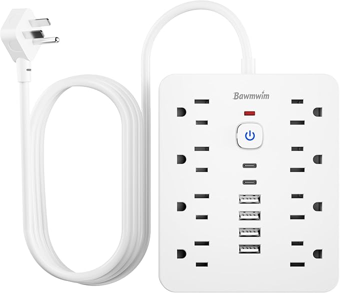 Bawmwim Surge Protector Power Strip - 8 Outlets(1250W/10A) 4 USB A（2 USB C, 10FT Flat Plug Extension Cord, Wall Mount Multi Plug Outlet Extender, ETL Listed for Home, Dorm Room