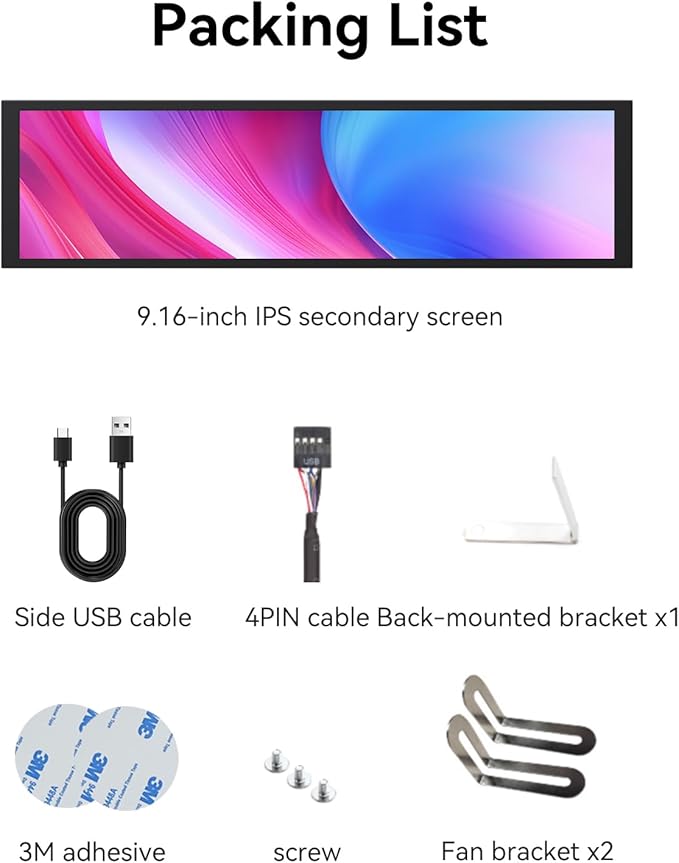 9.16" Computer Temp Monitor, FHD 1920x462 PC Sensor Panel One-Cable Connection(No HDMI Needed), Stretched Bar LCD Dynamic Theme Supported, IPS Mini Secondary Screen for CPU RAM HDD Data Aida64 (Black)