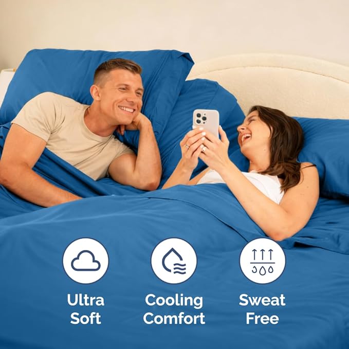 Split Head King Sheet Set – 4 Piece Flex Split Top King Sheets for Adjustable Beds - Fits 14” to 16" Mattress w/ Deep Pockets - Soft, Breathable & Cooling - Luxury Bedding & Wrinkle Free - Denim Blue