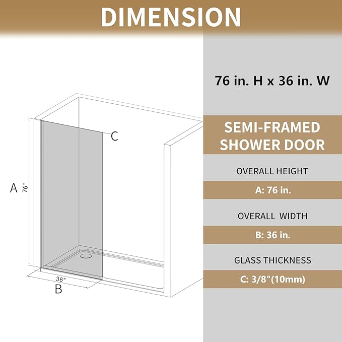Shower Glass Panel 36" W * 76" H, Semi-Framed Glass Screen, Single Panel, 3/8" (10mm) Tempered Glasss, Shower Wall Panels, Fixed Screen for Bathroom - Bright Chrome
