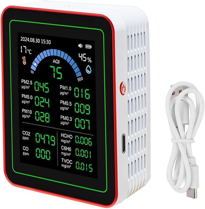Air Quality Meter 18 in 1 Portable Battery Powered Indoor Air Quality Monitor with CO2 TVOC HCHO PM2.5 PM10 Temp Humidity Detection Data Storage for Home Office School