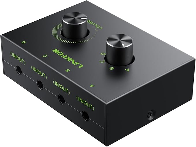 LiNKFOR 4 Port 3.5mm Stereo Audio Switch, 4 Way Stereo Audio Selector, 4 Input 1 Output / 1 Input 4 Output Audio Splitter with Volume Control and 4 Channel Switch Knob