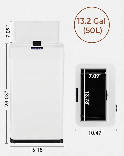 TLSUNNY 13.2 Gallon Motion Sensor Trash Can,Touchless Automatic Garbage Can,Brushed Stainless Steel Smart Bin,with Bag Holder,Soft Close Lid,for Kitchen,Office,RV,Bedroom,Living Room (White, 50L)