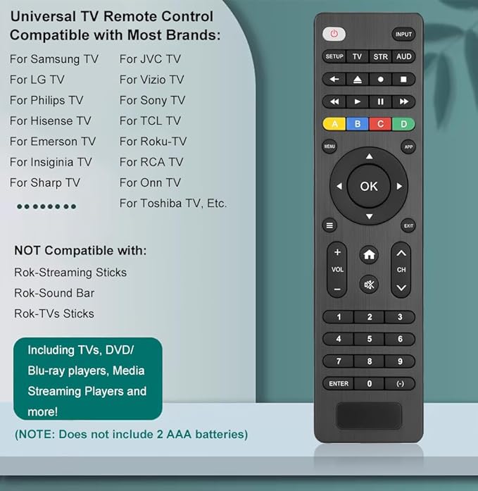 Universal TV Remote Control Compatible with Samsung, LG, Vizio, Sony, Hisense, TCL, Insignia, Toshib, Philips, Sharp and More Brand (NOT Compatible with Rok-Streaming Sticks/Sound Bar, TVs Sticks)