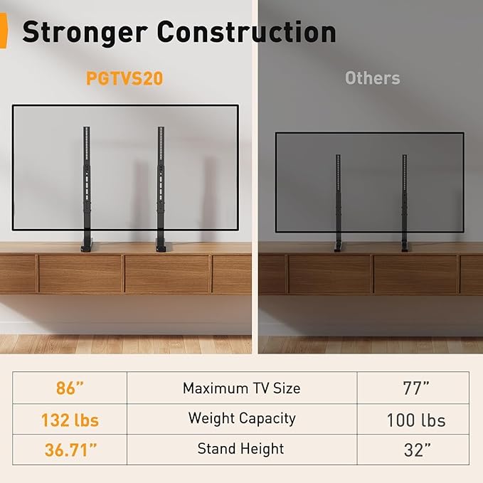 Perlegear Universal TV Stand Legs for Most 37–86 Inch TVs up to 132 lbs, Height Adjustable TV Legs Replacement Suitable for Soundbar, Table Top Stand Base Max VESA 800 x 500mm, PGTVS20
