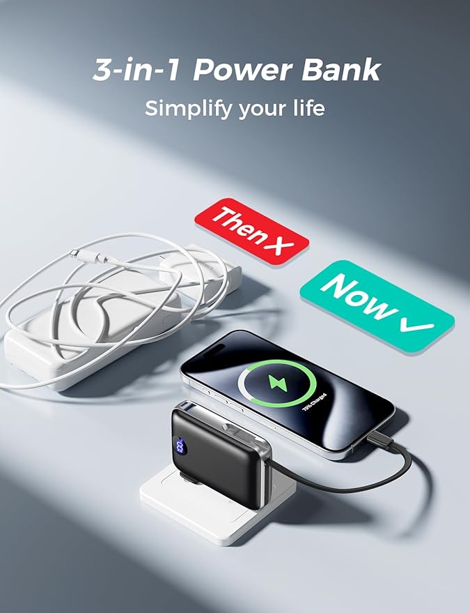 Portable Charger with Built in Cables & Wall Plug,10000mAh Power Bank, 4 Outputs,22.5W USB C Fast Charging,Slim Travel Essential Battery Pack with LED Display for iPhone 17/16/15/14 Series,Black