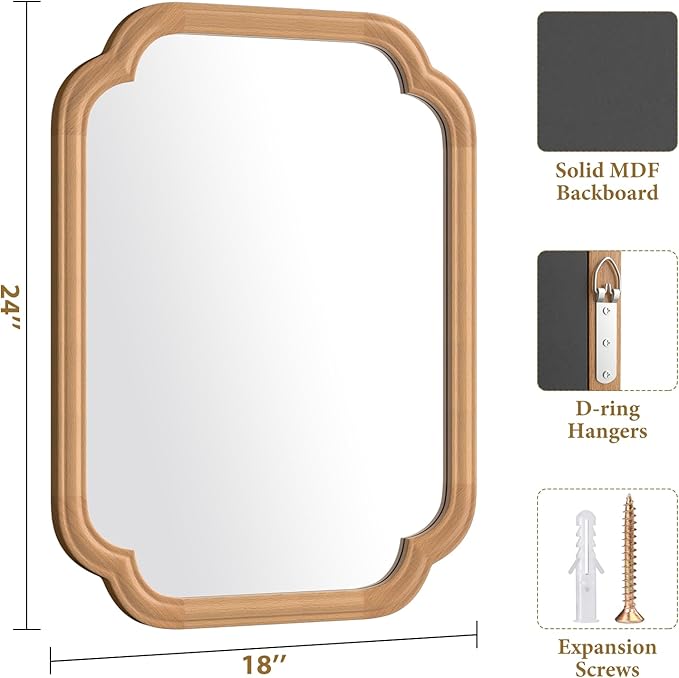 Natural Wood Framed Mirror,18X24 Inch Bathroom Mirror for Over Sink Modern Rounded Corner Rectangle Wall Mounted Mirror (Horizontal/Vertical)