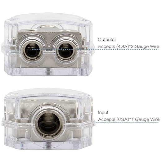 RKURCK 2 Way Power Distribution Block, 0/2/4 AWG Gauge in, 4/8/10 Gauge Out, Car Audio Stereo Amp Distribution Connecting Block for Audio Splitter (1x0GA+2x4GA)