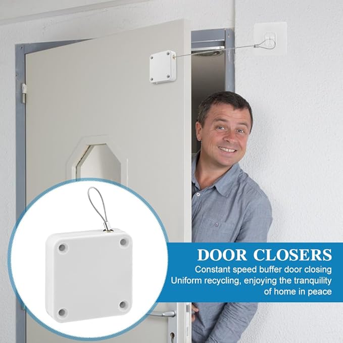 homfanseec Punch-Frees Automatic Sensor Door Closer, Sliding Screen Auto Door Closer, Residential Sliding Screen Door Closer, Storm Door Closer with Steel Drawstring, for Bedroom(Black+White)