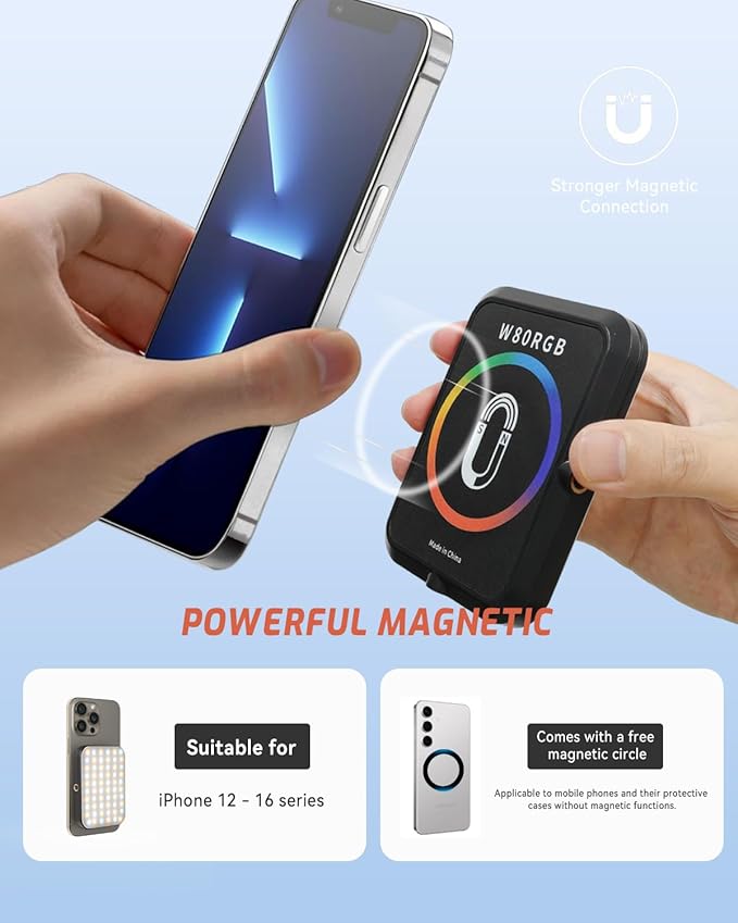 Magnetic Portable Selfie Light for iPhone: RGB Rechargeable Phone Fill Lights, Ring Light for Camera Picture, Makeup Photo, Video Conferences, Laptop Use, Zoom Meetings, TikTok, Vlog Photography