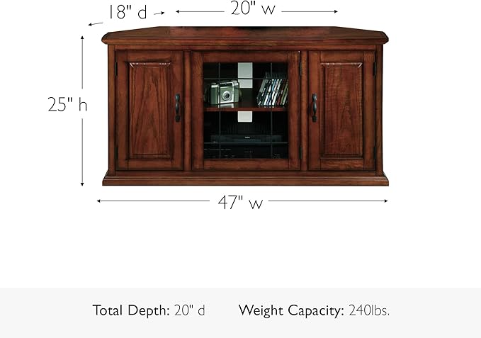 Leick Home 80385 Leaded Glass Three Door Corner TV Stand with Enclosed Storage For 50" TV's, Burnished Oak