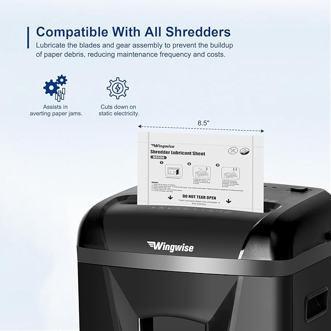 Wingwise 48-Pack Shredder Lubricant Sheets, 8.5 x 6 Inches, Sharpens Blades & Extends Shredder Life, Mess-Free Maintenance for Heavy-Duty Use