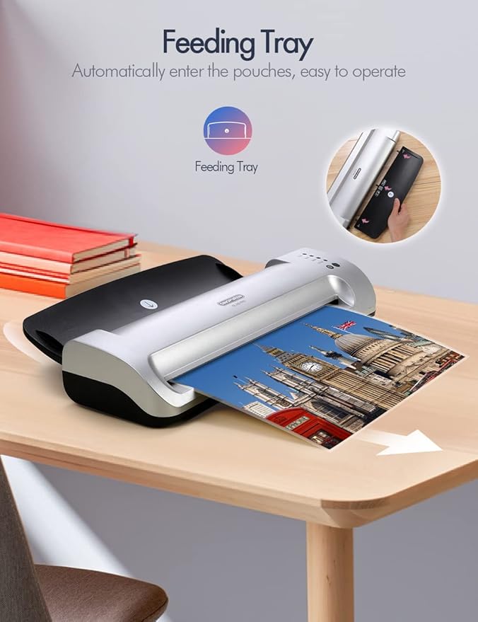 SINOPUREN 13-Inch Thermal & Cold Laminator Machine, Quick Warm-Up, 3 Temp Settings, Jam-Free ABS, Built-in Paper Trimmer & Corner Rounder, 10 Laminating Pouches, for Home Office School