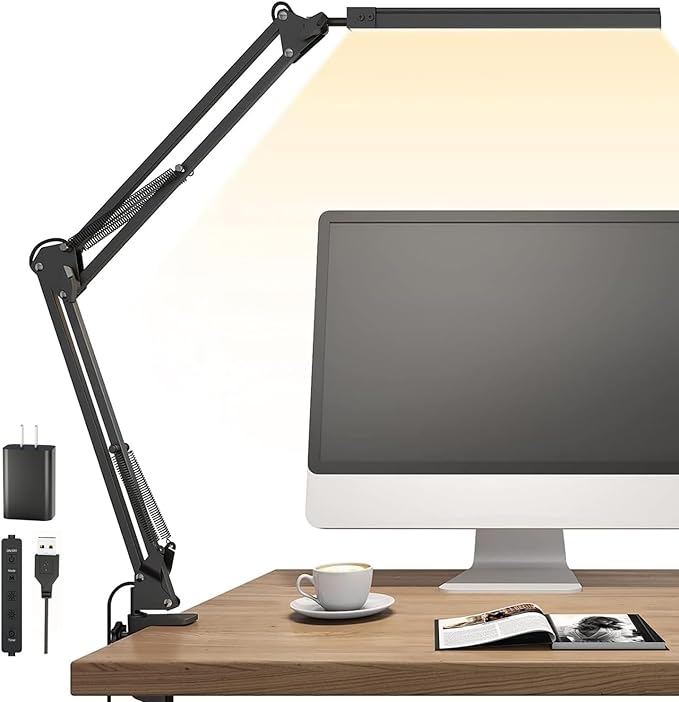 TROPICALTREE LED Desk Lamp for Home Office, Clamp-On with 5 Light Modes & Auto Shut Off | 14W Adjustable Brightness 5000K Eye-Caring Lighting for Study/Bedroom/Computer Desk
