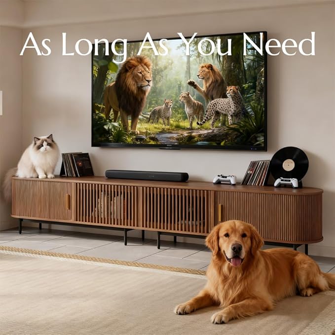 POVISON Sliding Tambour Door TV Stand with LED Lights, Mid Century Modern TV Console, Wood Media Console, Entertainment Center with Storage Cabinet, Fully-Assembled (Walnut, 118.11")