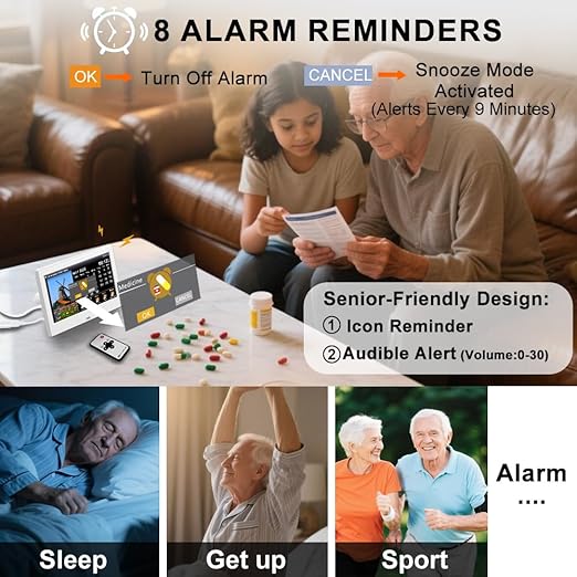 FEYBYLA 2025 New Digital Clock with Temperature/Humidity & Weather Forecast, Auto Time Sync Large Display, Custom Alarms & Medication Reminders, Ideal for Elderly(White, 7-Inch)