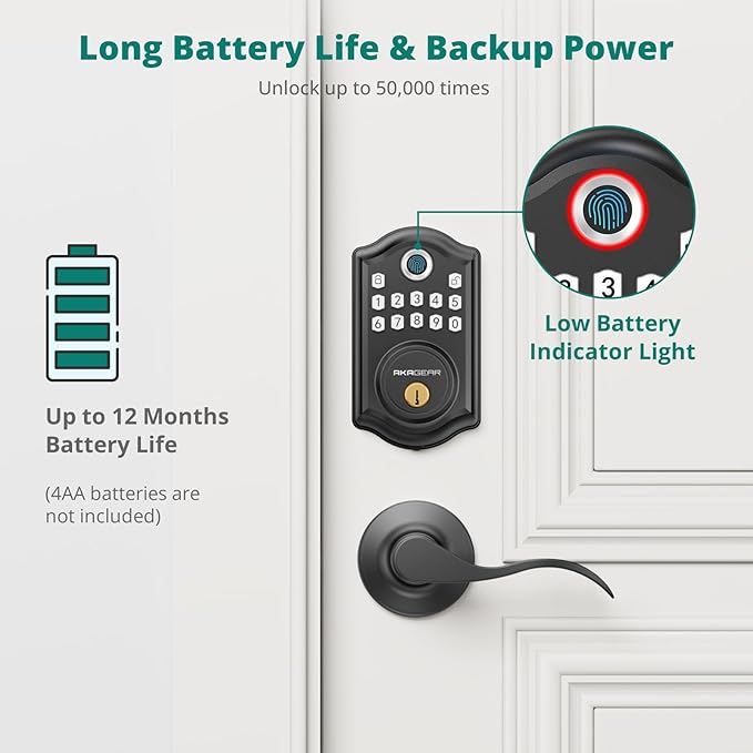 AkaGear DS10 Keyless Entry Door Lock with Handle - 2 Lever Handles, Fingerprint Door Lock, Keypad Deadbolt, 2 Keys, Code, Smart Locks for Front Door, Auto-Lock, Easy Installation - Matte Black