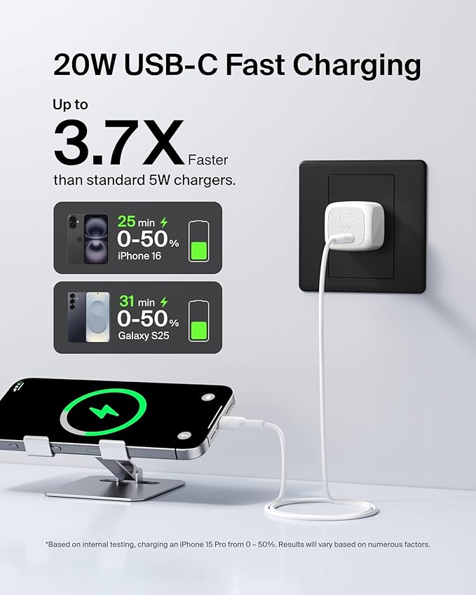 Belkin USB C Charger Block 20W, Fast Charging Block, Type C Wall Charger, USB C Cable Included Compatible w/Apple iPhone 17, Air, Pro, Samsung Galaxy S25, Google Pixel 10, iPad, AirPods, etc. - White