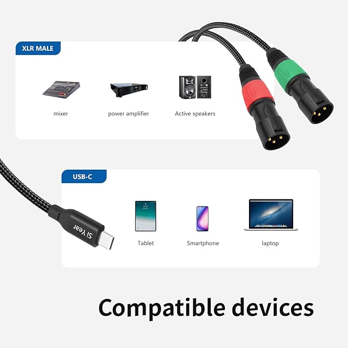 SiYear USB C to Dual XLR Male Audio Cable, Type C to 2 XLR Male Adapter Stereo Power Amplifier Cable for Connecting Smartphones USB C to Active Speaker, Laptops,Mixer Console（3.3FT/1M