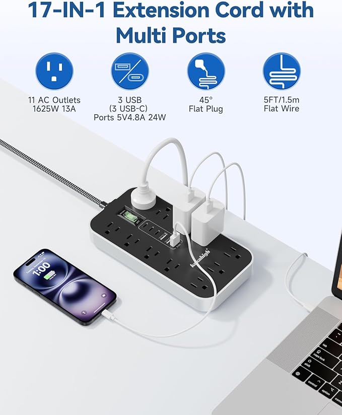 Extension Cord with USB Ports- 5 FT Power Strip with USB, 1625W Multi Outlet with 11 AC Outlet 6 USB (24W/4.8A), Charging Station for Multiple Devices, for Home, Office, Dorm, Gaming Room Essentials