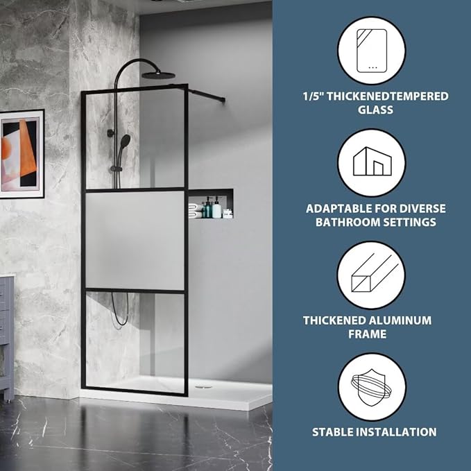 Goodyo Shower Door 34“ X 72” Fixed Frost Tempered Glass Shower Screen Panel for Walk-in Bathroom, Black Framed 3 Pieces Glass Door
