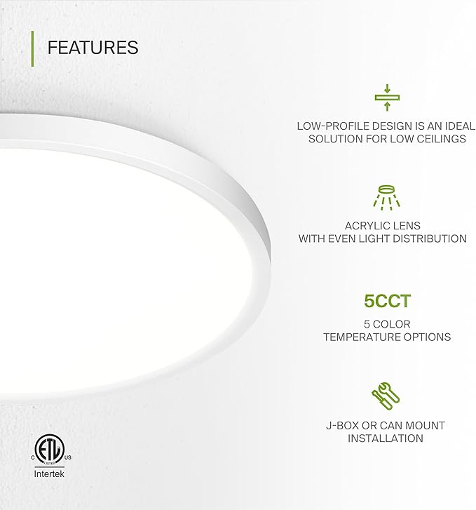 ASD LED 12" Round Flush Mount Ceiling Light Fixture, Low Profile Surface Lighting | 5CCT, Dimmable, Ultra-Thin, ETL Listed | 24W 1900LM 2700-6000K 120V | Kitchen, Bedroom, Hallway Lamp | White