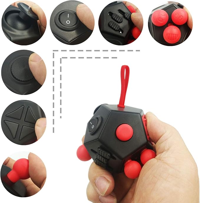 Fidget Dodecagon –12-Side Fidget Toys Cube Relieves Stress and Anxiety Anti Depression Travel Toy Christmas Stocking Stuffers Gifts for Children and Adults (A4 Black red)