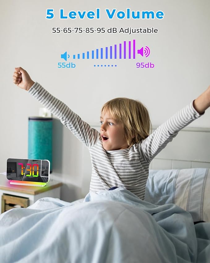 SZELAM Projection Alarm Clock,7.4" LED Mirror Digital Clocks Large Display,with 180° Rotatable Projector,RGB Night Light,USB C Port,Auto Dimming,Modern Desk Clock for Bedroom Decor - White