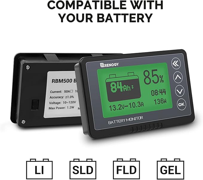 Renogy 500A Battery Monitor with Shunt, High and Low Voltage Programmable Alarm, Range 10V-120V up to 500A, 20ft Shielded Cable, Compatible 12V Lithium Sealed, Gel, Flooded Batteries,Black
