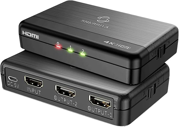 SHERRIVA 4K HDMI Splitter 1 in 2 Out – 4K@60Hz, 1080p@240Hz, HDMI 2.0, Mirror/Duplicate Screens, Auto Downscaling, EDID, 18Gbps, HDCP 2.3, Compatible with Dual Monitors, TV, PS4, Amplifier