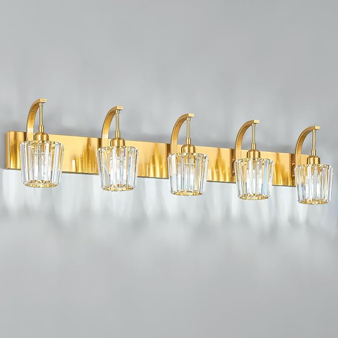 FDPBY Modern Bathroom Vanity Light, 5-Light Gold Wall Sconce with Crystal Accents, Over Mirror Bathroom Lighting Fixture, 42.52" Long Dimmable Vanity Lamp for Makeup, Easy Installation