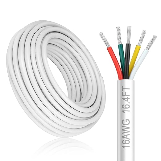 16 Gauge 5 Conductor Electrical Wire, 16.4FT White Stranded Low Voltage 16/5 Cable PVC Case, 16 AWG Tinned Copper 5 Wire Cable Extension Power Cable for Strips LED Lamp Lighting Automotive